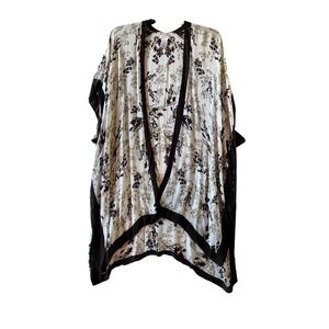 White Rose Floral Kimono Wrap Open Front Cardigan Brown Cream One Size OS